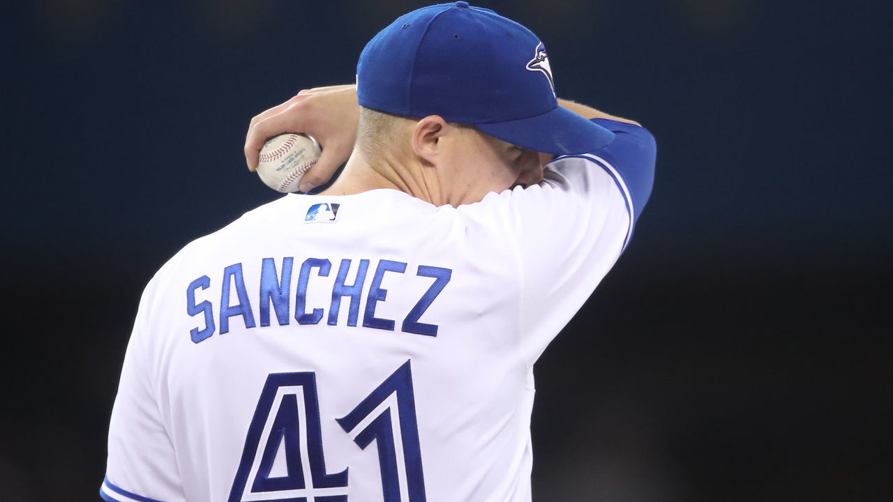TORONTO, ON - APRIL 14: Aaron Sanchez #41 of the Toronto Blue Jays reacts after giving up a hit in the fifth inning during MLB game action against the Baltimore Orioles at Rogers Centre on April 14, 2017 in Toronto, Canada.