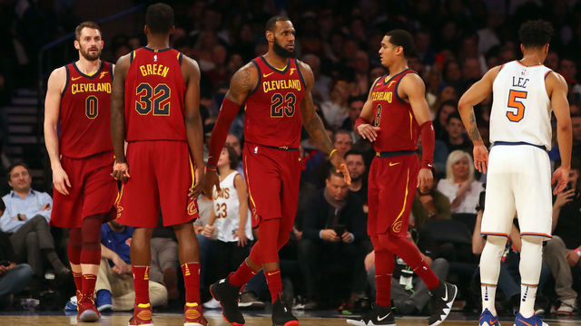 NEW YORK, NY - APRIL 09: LeBron James #23 of the Cleveland Cavaliers reacts after a play in the fourth quarter against the New York Knicks at Madison Square Garden on April 9, 2018 in New York City.