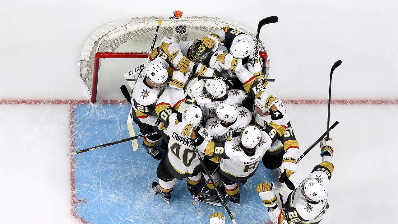 LOS ANGELES, CA - APRIL 17: Marc-Andre Fleury #29 of the Vegas Golden Knights celebrates a 1-0 win over the Los Angeles Kings with his team, to sweep the series 4-0 in Game Four of the Western Conference First Round during the 2018 NHL Stanley Cup Playoffs at Staples Center on April 17, 2018 in Los Angeles, California.