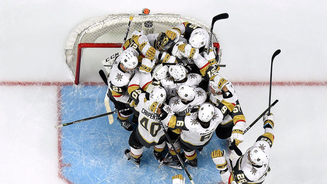 LOS ANGELES, CA - APRIL 17: Marc-Andre Fleury #29 of the Vegas Golden Knights celebrates a 1-0 win over the Los Angeles Kings with his team, to sweep the series 4-0 in Game Four of the Western Conference First Round during the 2018 NHL Stanley Cup Playoffs at Staples Center on April 17, 2018 in Los Angeles, California.