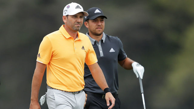 AUSTIN, TX - MARCH 23: Sergio Garcia of Spain and Xander Schauffele of the United States walk from the 14th tee during the third round of the World Golf Championships-Dell Match Play at Austin Country Club on March 23, 2018 in Austin, Texas.
