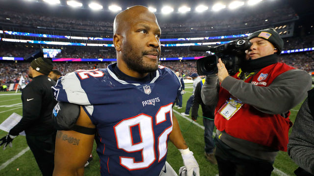 FOXBOROUGH, MA - JANUARY 21: James Harrison #92 of the New England Patriots reacts after the AFC Championship Game against the Jacksonville Jaguars at Gillette Stadium on January 21, 2018 in Foxborough, Massachusetts.