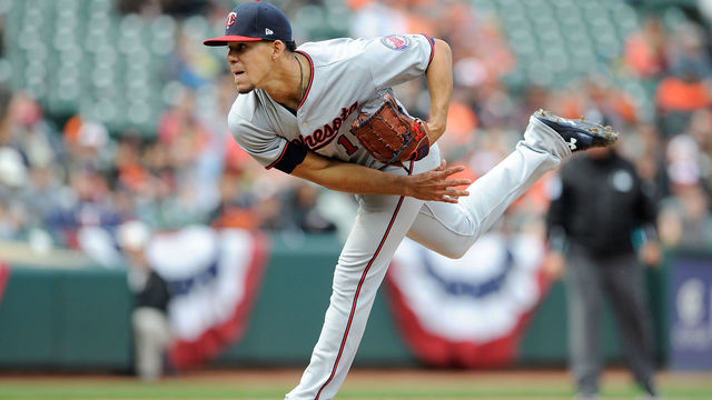 BALTIMORE, MD - APRIL 01: Jose Berrios #17 of the Minnesota Twins pitches in the ninth inning against the Baltimore Orioles at Oriole Park at Camden Yards on April 1, 2018 in Baltimore, Maryland. Berrios threw a complete game shutout.
