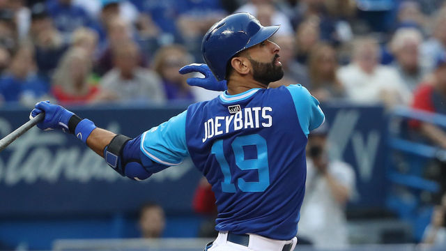 TORONTO, ON - AUGUST 25: Jose Bautista #19 of the Toronto Blue Jays flies out in the first inning during MLB game action against the Minnesota Twins at Rogers Centre on August 25, 2017 in Toronto, Canada.