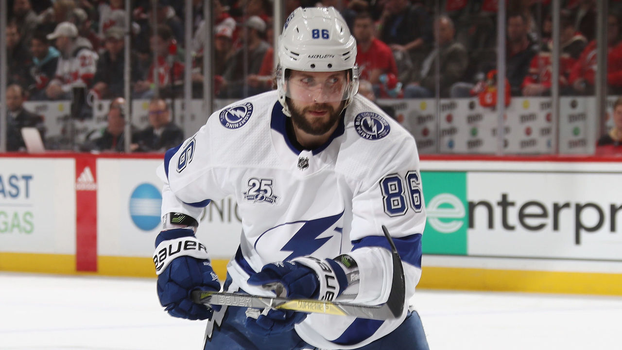 NEWARK, NJ - APRIL 16: Nikita Kucherov #86 of the Tampa Bay Lightning skates against the New Jersey Devils in Game Three of the Eastern Conference First Round during the 2018 NHL Stanley Cup Playoffs at the Prudential Center on April 16, 2018 in Newark, New Jersey. The Devils defeated the Lightning 5-2.