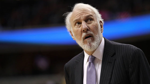WASHINGTON, DC - MARCH 27: Head coach Gregg Popovich of the San Antonio Spurs looks on against the Washington Wizards during the first half at Capital One Arena on March 27, 2018 in Washington, DC.