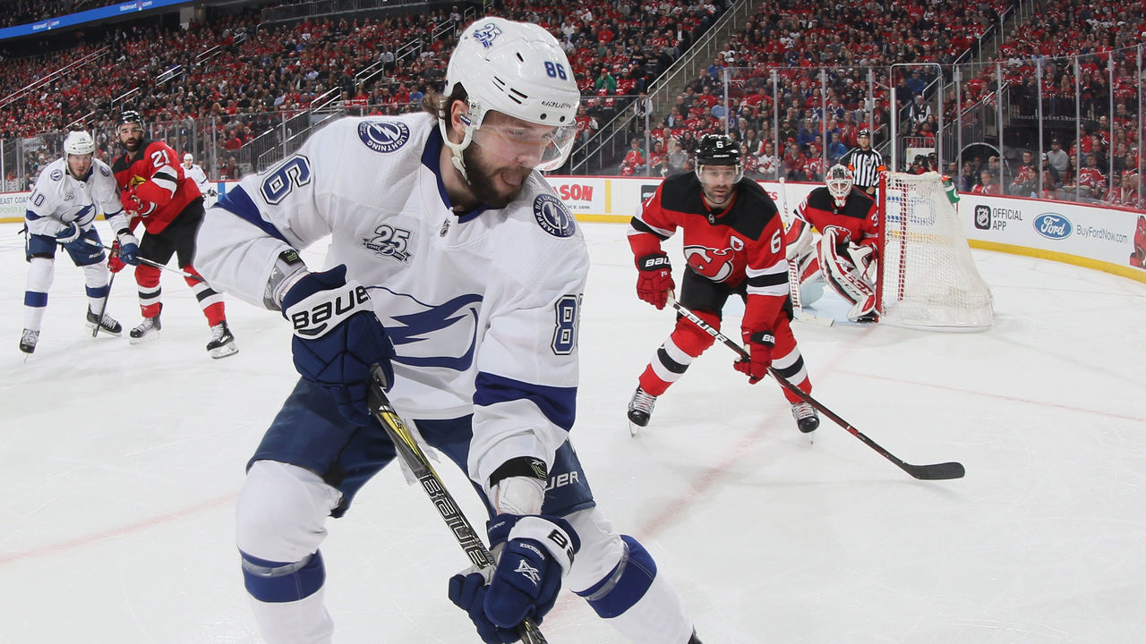NEWARK, NJ - APRIL 16: Nikita Kucherov #86 of the Tampa Bay Lightning skates against the New Jersey Devils in Game Three of the Eastern Conference First Round during the 2018 NHL Stanley Cup Playoffs at the Prudential Center on April 16, 2018 in Newark, New Jersey. The Devils defeated the Lightning 5-2.