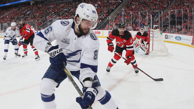 NEWARK, NJ - APRIL 16: Nikita Kucherov #86 of the Tampa Bay Lightning skates against the New Jersey Devils in Game Three of the Eastern Conference First Round during the 2018 NHL Stanley Cup Playoffs at the Prudential Center on April 16, 2018 in Newark, New Jersey. The Devils defeated the Lightning 5-2.