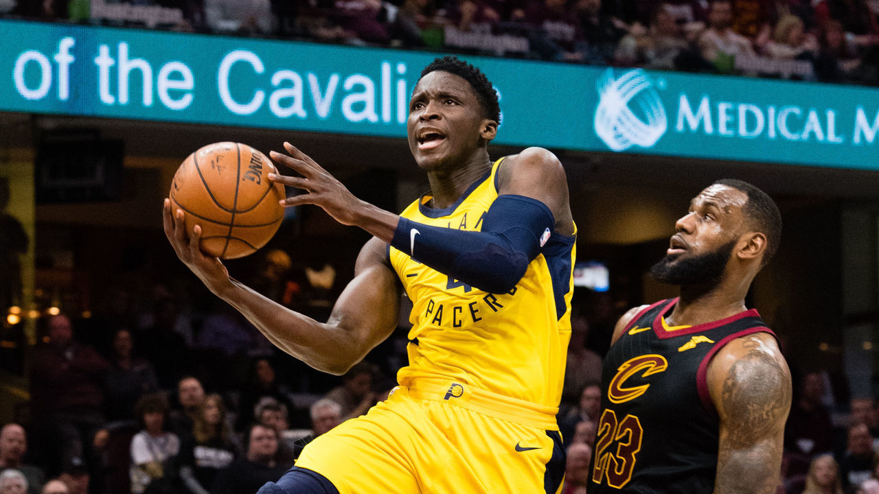 CLEVELAND, OH - APRIL 18: Victor Oladipo #4 of the Indiana Pacers shoots over LeBron James #23 of the Cleveland Cavaliers during the second half of Game 2 of the first round of the Eastern Conference playoffs at Quicken Loans Arena on April 18, 2018 in Cleveland, Ohio. The Cavaliers defeated the Pacers 100-97.