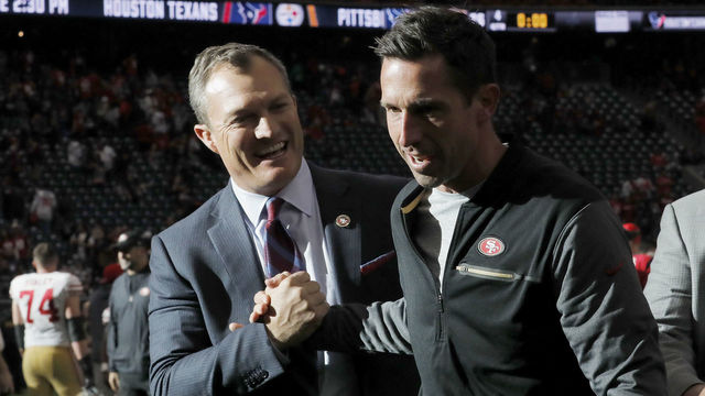 HOUSTON, TX - DECEMBER 10: Head coach Kyle Shanahan of the San Francisco 49ers celebrates with general manager John Lynch after the game against the Houston Texans at NRG Stadium on December 10, 2017 in Houston, Texas.