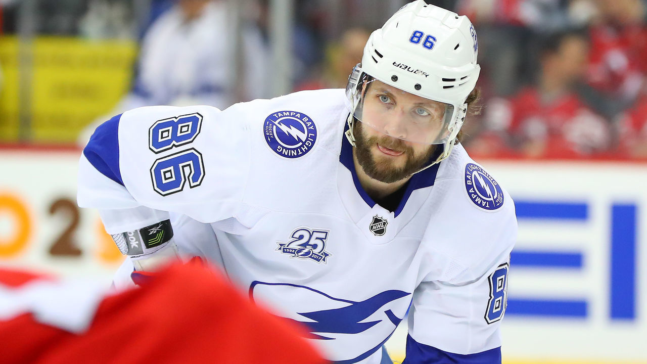 NEWARK, NJ - APRIL 18: Tampa Bay Lightning right wing Nikita Kucherov (86) skates during the second period of the First Round Stanley Cup Playoff Game 4 between the New Jersey Devils and the Tampa Bay Lightning on April 18, 2018, at the Prudential Center in Newark, NJ.
