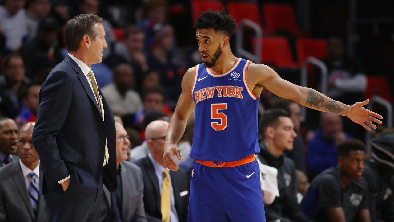 DETROIT, MI - DECEMBER 22: Courtney Lee #5 of the New York Knicks talks with head coach Jeff Hornacek while playing the Detroit Pistons at Little Caesars Arena on December 22, 2017 in Detroit, Michigan. Detroit won the game 104-101.