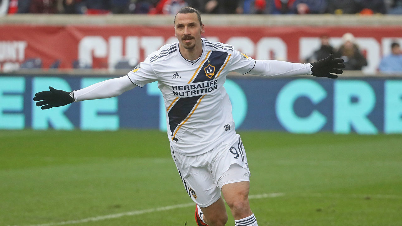 BRIDGEVIEW, IL - APRIL 14: Zlatan Ibrahimovic #9 of the Los Angeles Galaxy celebrates his first half goal against the Chicago Fire at Toyota Park on April 14, 2018 in Bridgeview, Illinois. The Galaxy defeated the Fire 1-0.