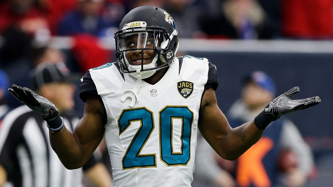 HOUSTON, TX - DECEMBER 18: Jalen Ramsey #20 of the Jacksonville Jaguars plays to the crowd after he knocked the ball away from DeAndre Hopkins #10 of the Houston Texans at NRG Stadium on December 18, 2016 in Houston, Texas.