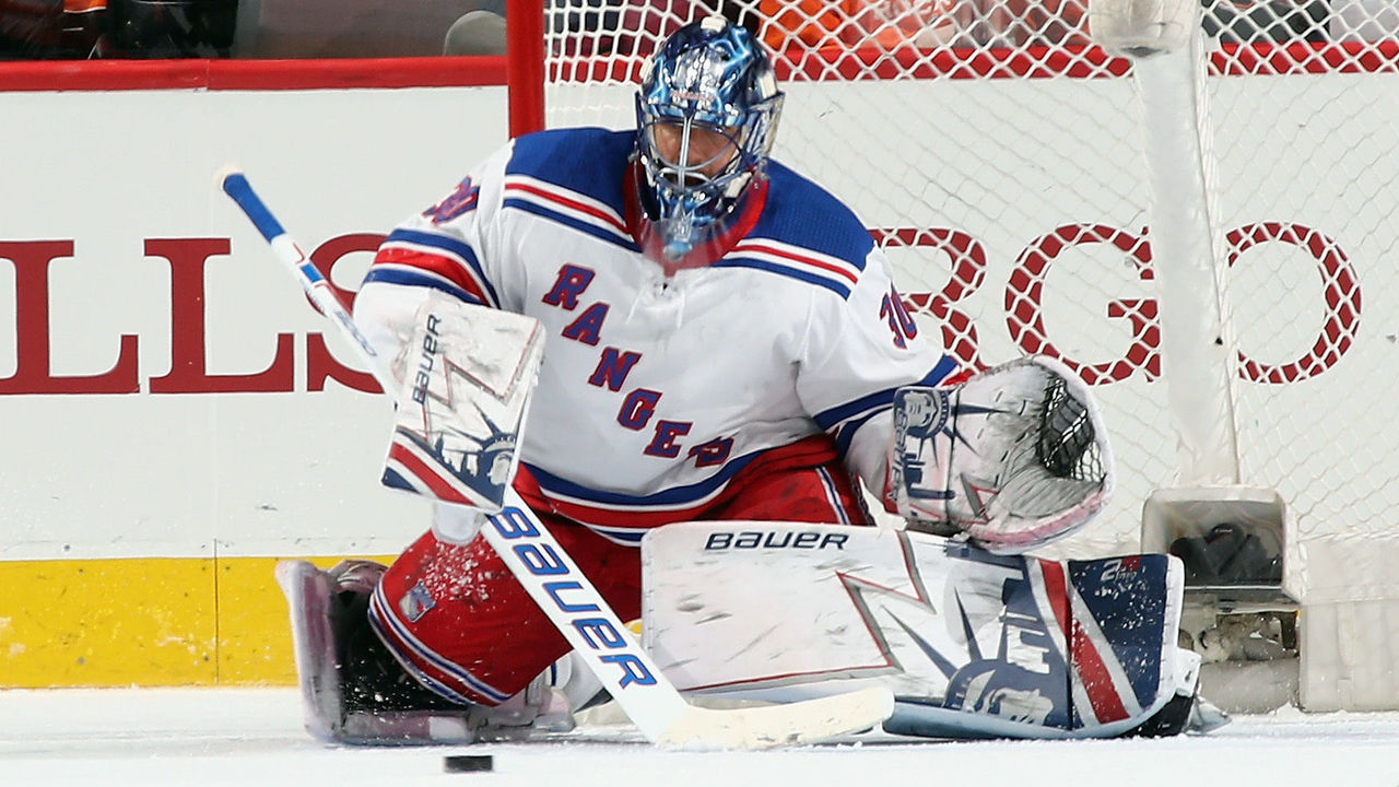 PHILADELPHIA, PA - APRIL 07: Henrik Lundqvist #30 of the New York Rangers skates against the Philadelphia Flyers at the Wells Fargo Center on April 7, 2018 in Philadelphia, Pennsylvania. The Flyers shut out the Rangers 5-0.