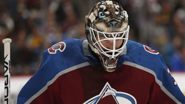 DENVER, CO - APRIL 18: Colorado Avalanche goalie Andrew Hammond (35) during a first round playoff game between the Colorado Avalanche and the visiting Nashville Predators on April 18, 2018 at the Pepsi Center in Denver, CO.