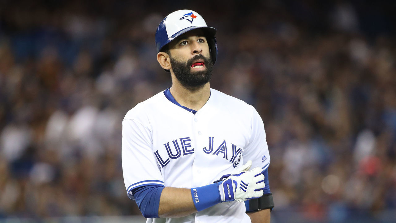 TORONTO, ON - SEPTEMBER 20: Jose Bautista #19 of the Toronto Blue Jays reacts after lining out in the second inning during MLB game action against the Kansas City Royals at Rogers Centre on September 20, 2017 in Toronto, Canada.