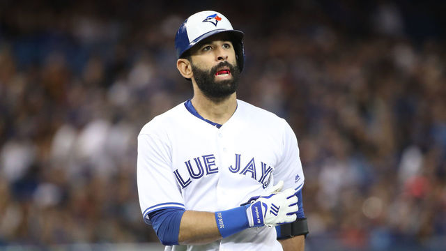 TORONTO, ON - SEPTEMBER 20: Jose Bautista #19 of the Toronto Blue Jays reacts after lining out in the second inning during MLB game action against the Kansas City Royals at Rogers Centre on September 20, 2017 in Toronto, Canada.