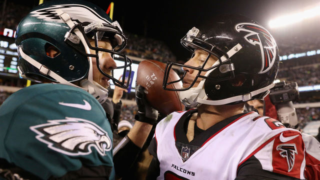 PHILADELPHIA, PA - JANUARY 13: Nick Foles #9 of the Philadelphia Eagles hugs Matt Ryan #2 of the Atlanta Falcons after the NFC Divisional Playoff game at Lincoln Financial Field on January 13, 2018 in Philadelphia, Pennsylvania. The Philadelphia Eagles defeated the Atlanta Falcons with a score of 15 to 10.