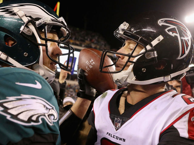 PHILADELPHIA, PA - JANUARY 13: Nick Foles #9 of the Philadelphia Eagles hugs Matt Ryan #2 of the Atlanta Falcons after the NFC Divisional Playoff game at Lincoln Financial Field on January 13, 2018 in Philadelphia, Pennsylvania. The Philadelphia Eagles defeated the Atlanta Falcons with a score of 15 to 10.
