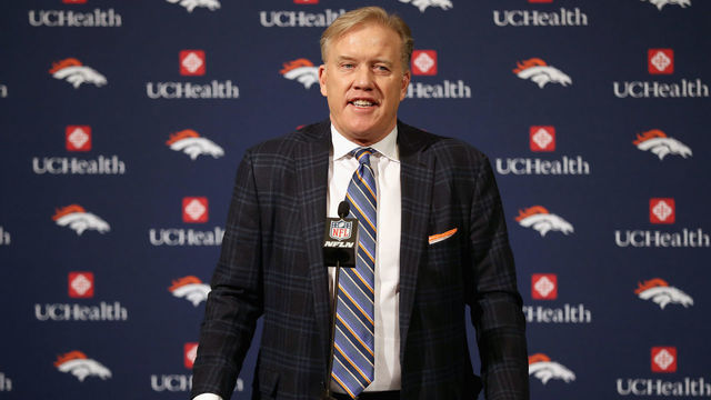 ENGLEWOOD, CO - JANUARY 12: Denver Broncos General Manager John Elway fields questions from the media during a press conference to introduce Vance Josepf as the new head coach at the Paul D. Bowlen Memorial Broncos Centre on January 12, 2017 in Englewood, Colorado.