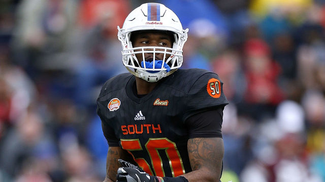 MOBILE, AL - JANUARY 27: Darius Leonard #50 of the South team defends during the Reese's Senior Bowl at Ladd-Peebles Stadium on January 27, 2018 in Mobile, Alabama.