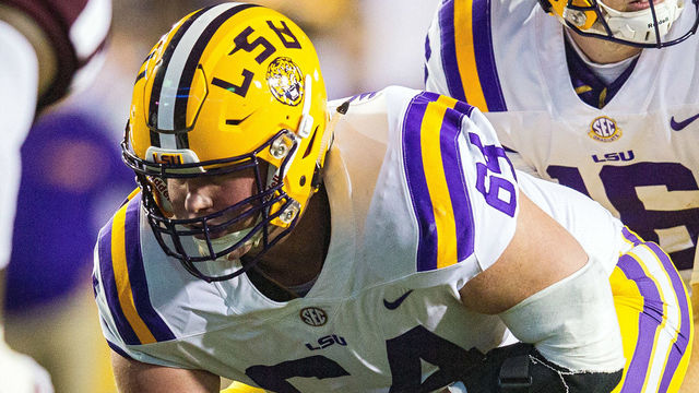 BATON ROUGE, LA - NOVEMBER 25: LSU Tigers offensive lineman Will Clapp (64) during a game between the Texas A&M Aggies and the LSU Tigers on November 25, 2017 at Tiger Stadium in Baton Rouge, Louisiana.
