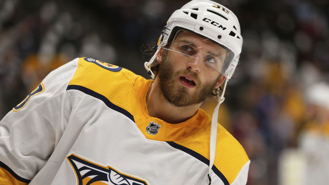DENVER, CO - APRIL 16: Nashville Predators right wing Ryan Hartman (38) during a first round playoff game between the Colorado Avalanche and the visiting Nashville Predators on April 16, 2018 at the Pepsi Center in Denver, CO.