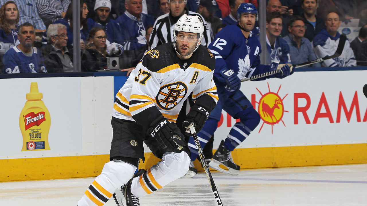TORONTO, ON - APRIL 16: Patrice Bergeron #37 of the Boston Bruins skates against the Toronto Maple Leafs in Game Three of the Eastern Conference First Round during the 2018 Stanley Cup Play-offs at the Air Canada Centre on April 16, 2018 in Toronto, Ontario, Canada. The Maple Leafs defeated the Bruins 4-2. *** Local Caption *** Patrice Bergeron