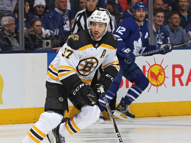 TORONTO, ON - APRIL 16: Patrice Bergeron #37 of the Boston Bruins skates against the Toronto Maple Leafs in Game Three of the Eastern Conference First Round during the 2018 Stanley Cup Play-offs at the Air Canada Centre on April 16, 2018 in Toronto, Ontario, Canada. The Maple Leafs defeated the Bruins 4-2. *** Local Caption *** Patrice Bergeron