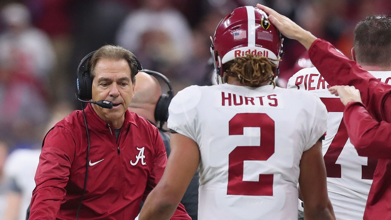 NEW ORLEANS, LA - JANUARY 01: Jalen Hurts #2 of the Alabama Crimson Tide talks to head coach Nick Saban in the first half of the AllState Sugar Bowl against the Clemson Tigers at the Mercedes-Benz Superdome on January 1, 2018 in New Orleans, Louisiana.