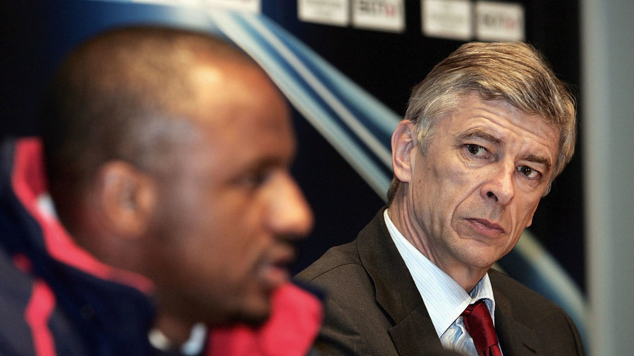 MUNICH, GERMANY- FEBRUARY 21: Patrick Vieira, Captain of Arsenal and Arsene Wenger the Arsenal Manager talk to the Press on the Eve of the Champions League Match against Bayern Munich on February 21, 2005 in Munich, Germany.