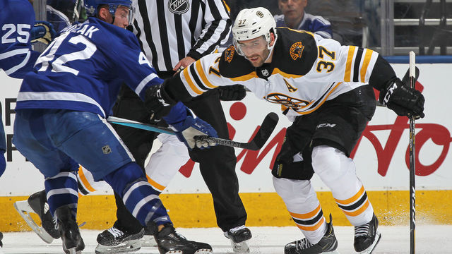 TORONTO, ON - APRIL 16: Patrice Bergeron #37 of the Boston Bruins skates against Tyler Bozak #42 of the Toronto Maple Leafs in Game Three of the Eastern Conference First Round during the 2018 Stanley Cup Play-offs at the Air Canada Centre on April 16, 2018 in Toronto, Ontario, Canada. The Maple Leafs defeated the Bruins 4-2. *** Local Caption *** Patrice Bergeron; Tyler Bozak