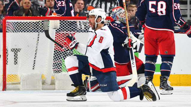 COLUMBUS, OH - APRIL 19: Alex Ovechkin #8 of the Washington Capitals reacts after scoring a goal during the third period against the Columbus Blue Jackets in Game Four of the Eastern Conference First Round during the 2018 NHL Stanley Cup Playoffs on April 19, 2018 at Nationwide Arena in Columbus, Ohio.