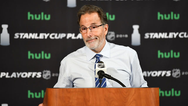 COLUMBUS, OH - APRIL 17: Head Coach John Tortorella of the Columbus Blue Jackets speaks during the post-game press conference following Game Three of the Eastern Conference First Round during the 2018 NHL Stanley Cup Playoffs at Nationwide Arena in Columbus, Ohio.