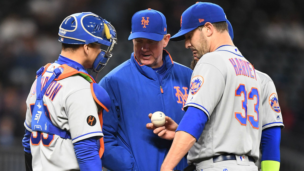 ATLANTA, GA - APRIL 19: Pitcher Matt Harvey #33 of the New York Mets meets with pitching coach Dave Eiland #58 and catcher Jose Lobaton #59 during the third inning against the Atlanta Braves at SunTrust Park on April 19, 2018 in Atlanta, Georgia.