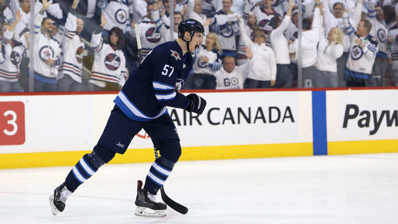 WINNIPEG, MANITOBA - APRIL 13: Tyler Myers #57 of the Winnipeg Jets celebrates scoring against the Minnesota Wild in Game Two of the Western Conference First Round during the 2018 NHL Stanley Cup Playoffs on April 13, 2018 at Bell MTS Place in Winnipeg, Manitoba, Canada.