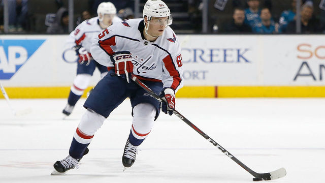 SAN JOSE, CA - MARCH 10: Andre Burakovsky #65 of the Washington Capitals skates up the ice in the fist period against the San Jose Sharks at SAP Center on March 10, 2018 in San Jose, California.