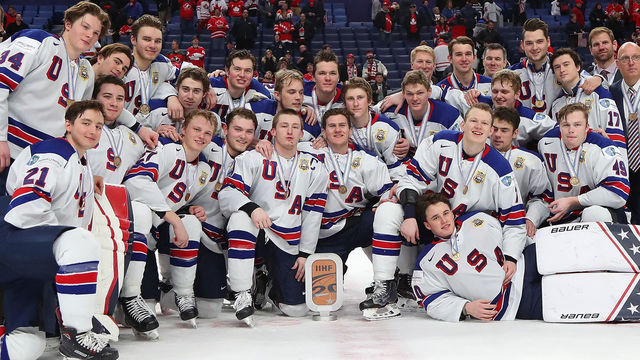 BUFFALO, NY - JANUARY 5: The United States team after winning the Bronze Medal Game against Czech Republic in the IIHF World Junior Championship at KeyBank Center on January 5, 2018 in Buffalo, New York. United States beat Czech Republic 9-3. *** Local Caption ***