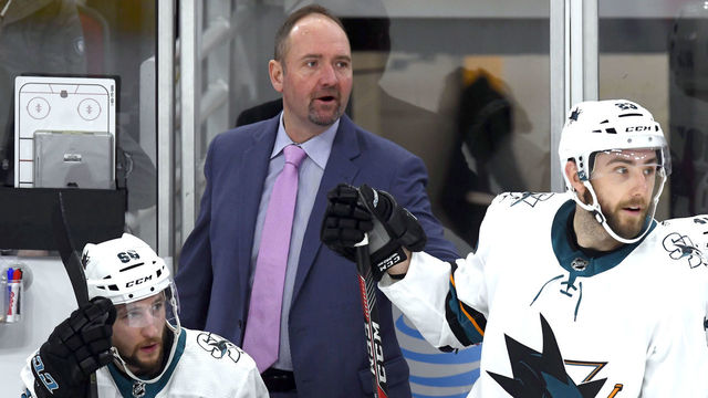 CHICAGO, IL - MARCH 26: San Jose Sharks head coach Peter DeBoer looks on in action during a game between the Chicago Blackhawks and the San Jose Sharks on March 26, 2018, at the United Center in Chicago, Illinois.
