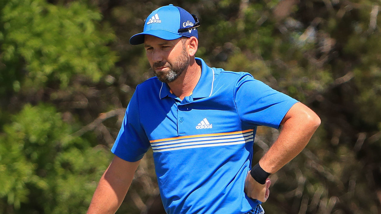 SAN ANTONIO, TX - APRIL 19: Sergio Garcia of Spain looks over a putt on the eighth green during the first round of the Valero Texas Open at TPC San Antonio AT&T Oaks Course on April 19, 2018 in San Antonio, Texas.
