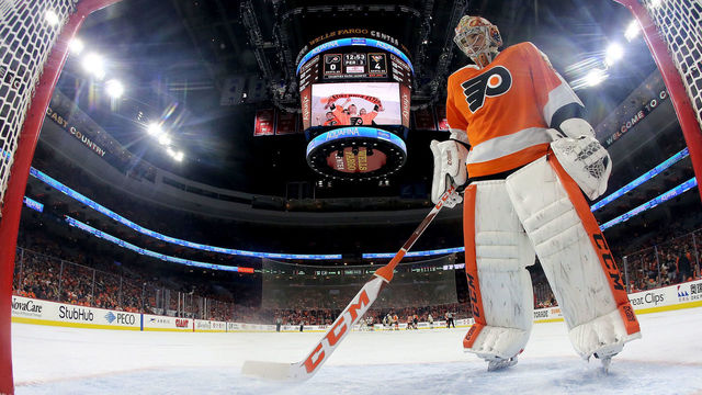 PHILADELPHIA, PA - APRIL 18: Michal Neuvirth #30 of the Philadelphia Flyers reacts in the third period against the Pittsburgh Penguins in Game Four of the Eastern Conference First Round during the 2018 NHL Stanley Cup Playoffs at Wells Fargo Center on April 18, 2018 in Philadelphia, Pennsylvania.The Pittsburgh Penguins defeated the Philadelphia Flyers 5-0.