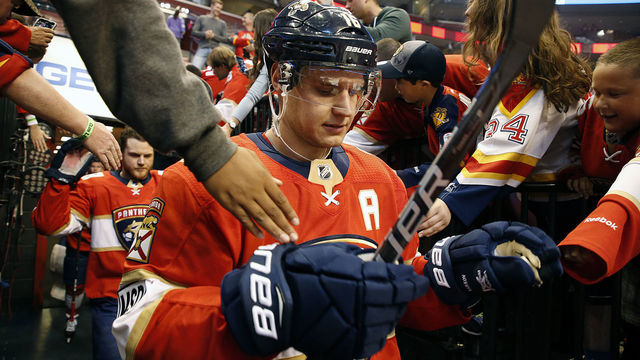 SUNRISE, FL - APRIL 2: Aleksander Barkov #16 of the Florida Panthers heads out to the ice for warm ups prior to the start of the game against the Carolina Hurricanes at the BB&T Center on April 2, 2018 in Sunrise, Florida. *** Local Caption *** Aleksander Barkov