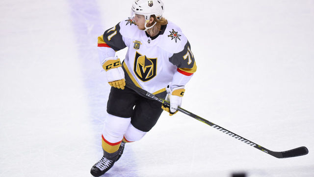 CALGARY, AB - APRIL 07: Vegas Golden Knights Center William Karlsson (71) looks for a pass during the second period of an NHL game where the Calgary Flames hosted the Las Vegas Golden Knights Saturday, April 7 at the Scotiabank Saddledome, Calgary, AB. The Flames won the game 7-1