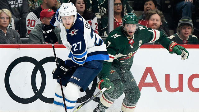 ST PAUL, MN - APRIL 17: Nikolaj Ehlers #27 of the Winnipeg Jets controls the puck against Matt Cullen #7 of the Minnesota Wild during the first period in Game Four of the Western Conference First Round during the 2018 NHL Stanley Cup Playoffs at Xcel Energy Center on April 17, 2018 in St Paul, Minnesota. The Jets defeated the Wild 2-0.