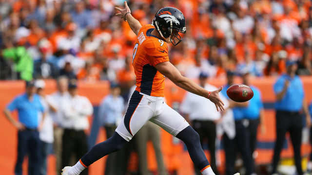 DENVER, CO - OCTOBER 30: Punter Riley Dixon #9 of the Denver Broncos punts the ball in the first quarter of the game against the San Diego Chargers at Sports Authority Field at Mile High on October 30, 2016 in Denver, Colorado.