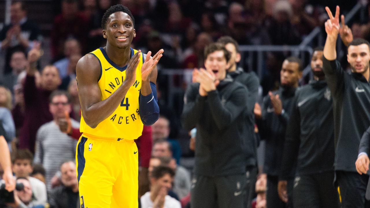 CLEVELAND, OH - APRIL 18: Victor Oladipo #4 of the Indiana Pacers reacts after being called for a foul against the Cleveland Cavaliers during the first half of Game 2 of the first round of the Eastern Conference playoffs at Quicken Loans Arena on April 18, 2018 in Cleveland, Ohio.