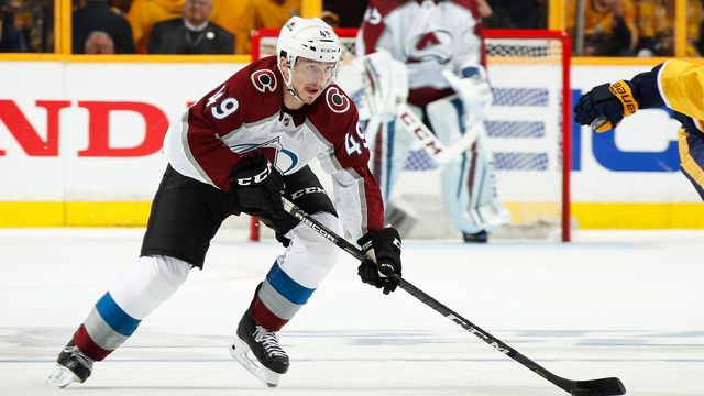 NASHVILLE, TN - APRIL 12: Samuel Girard #49 of the Colorado Avalanche skates against the Nashville Predators in Game One of the Western Conference First Round during the 2018 NHL Stanley Cup Playoffs at Bridgestone Arena on April 12, 2018 in Nashville, Tennessee. *** Local Caption *** Samuel Girard