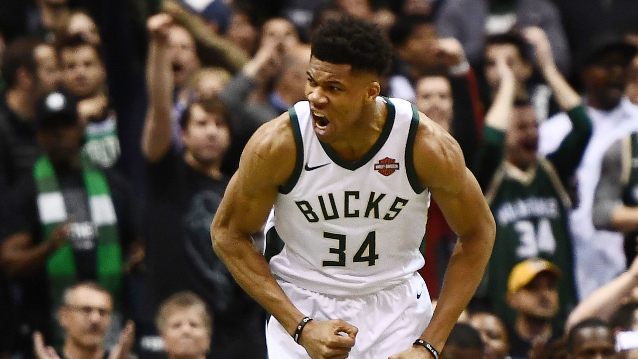MILWAUKEE, WI - APRIL 20: Giannis Antetokounmpo #34 of the Milwaukee Bucks reacts to a score against the Boston Celtics during the first half of game three of round one of the Eastern Conference playoffs at the Bradley Center on April 20, 2018 in Milwaukee, Wisconsin.