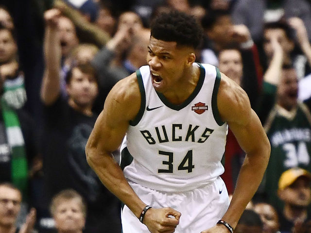 MILWAUKEE, WI - APRIL 20: Giannis Antetokounmpo #34 of the Milwaukee Bucks reacts to a score against the Boston Celtics during the first half of game three of round one of the Eastern Conference playoffs at the Bradley Center on April 20, 2018 in Milwaukee, Wisconsin.